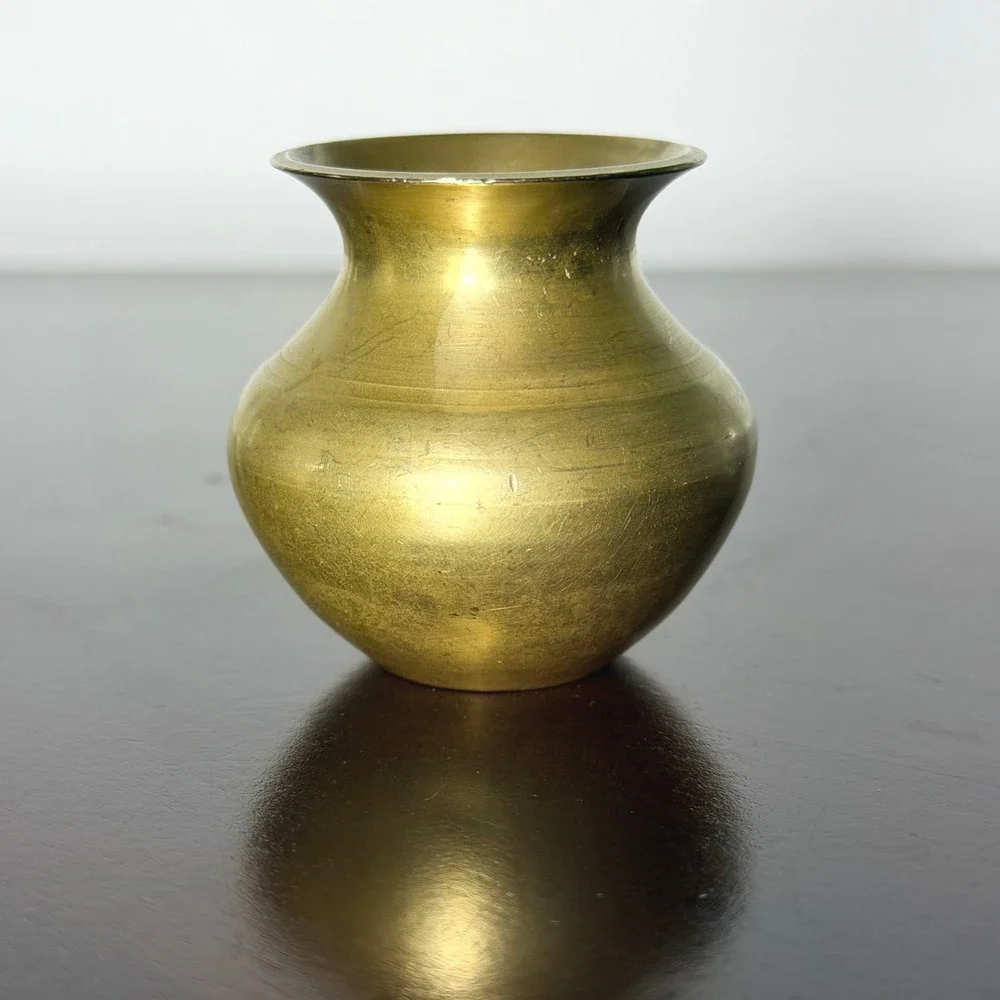 Vintage Miniature Brass Vase Small Round Bud Vase Gold Tone Decor 2.5